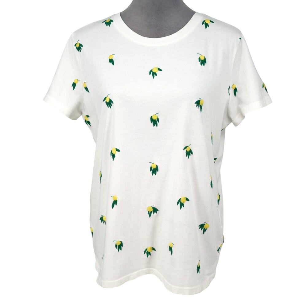 Lucky Brand Top Womens Large White Cotton Embroidered Lemons T-shirt Novelty